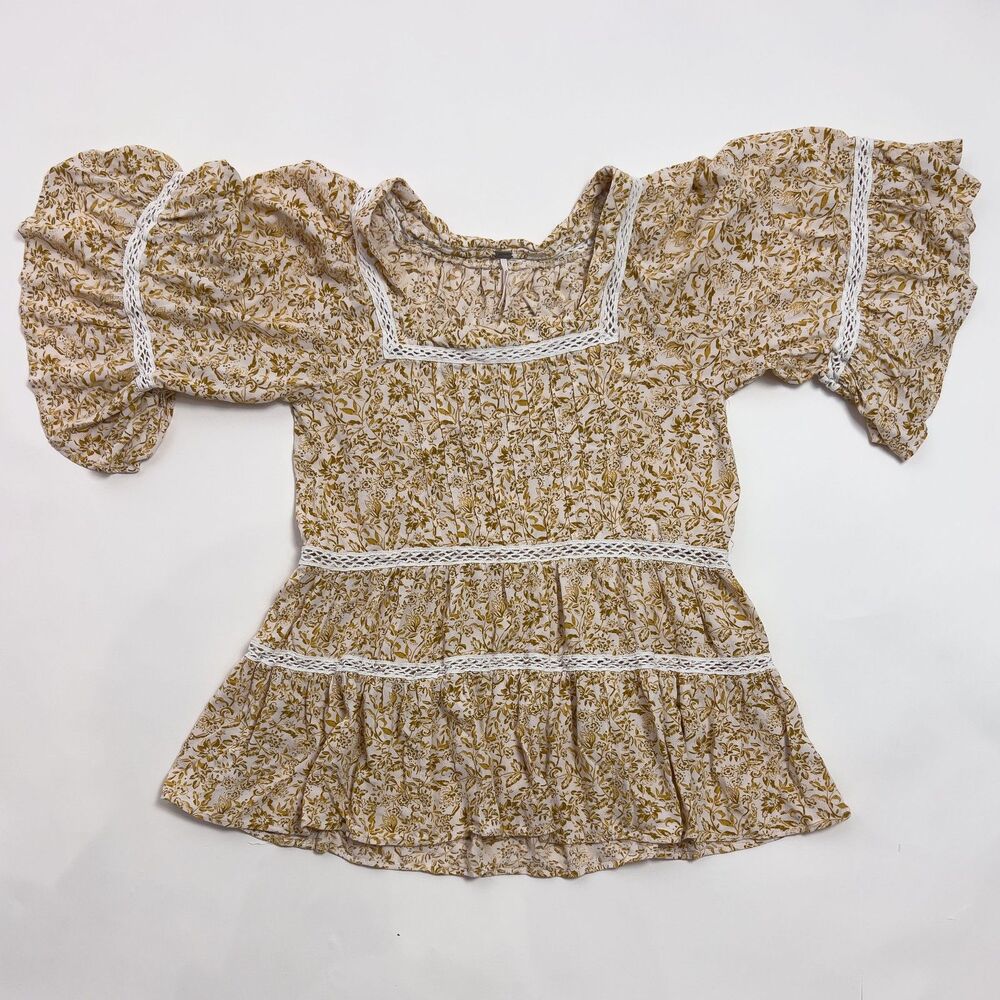 Free People Yellow Floral Lace Boho Peasant Blouse Small